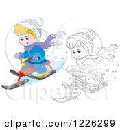 Poster, Art Print Of Outlined And Colored Happy Boy Riding A Snow Sled Bike