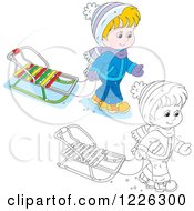Poster, Art Print Of Outlined And Colored Boy Pulling A Sled