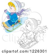 Clipart Of An Outlined And Colored Boy On A Snow Sled Royalty Free Vector Illustration