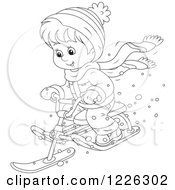 Poster, Art Print Of Outlined Happy Boy Riding A Snow Sled Bike