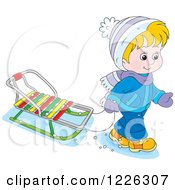 Poster, Art Print Of Caucasian Boy Pulling A Sled