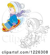 Poster, Art Print Of Outlined And Colored Boy On A Modern Sled