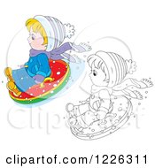 Poster, Art Print Of Outlined And Colored Boy Snow Tubing