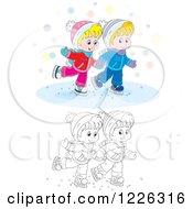 Poster, Art Print Of Outlined And Colored Boy And Girl Holding Hands And Ice Skating