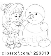 Clipart Of An Outlined Boy Making A Snowman Royalty Free Vector Illustration