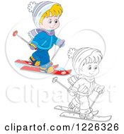 Poster, Art Print Of Outlined And Colored Boy Skiing