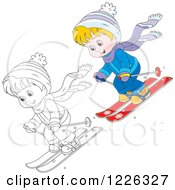 Clipart Of An Outlined And Colored Boy Skiing Royalty Free Vector Illustration