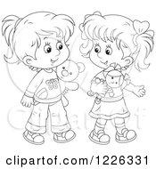 Poster, Art Print Of Outlined Girls Playing With A Doll And Teddy Bear