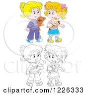 Clipart Of Outlined And Colored Girls Playing With A Doll And Teddy Bear Royalty Free Vector Illustration