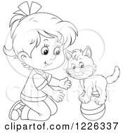 Poster, Art Print Of Outlined Girl Teaching Her Cat A Balance Trick On A Ball