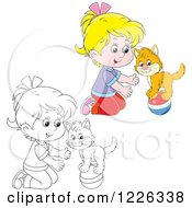 Clipart Of An Outlined And Colored Girl Teaching Her Cat A Balance Trick On A Ball Royalty Free Vector Illustration