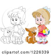 Poster, Art Print Of Outlined And Colored Girl Petting A Puppy Dog
