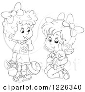 Poster, Art Print Of Outlined Girls Playing With A Stuffed Rabbit Ball And Bucket