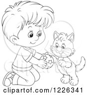 Poster, Art Print Of Outlined Boy Kneeling And Playing With A Kitten