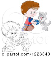 Clipart Of An Outlined And Colored Boy Kneeling And Playing With A Kitten Royalty Free Vector Illustration
