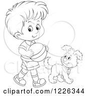 Clipart Of An Outlined Boy Walking With A Puppy And Ball Royalty Free Vector Illustration