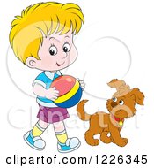 Poster, Art Print Of Caucasian Boy Walking With A Puppy And Ball