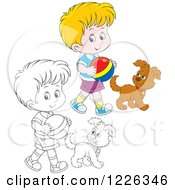 Clipart Of An Outlined And Colored Boy Walking With A Puppy And Ball Royalty Free Vector Illustration