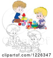 Poster, Art Print Of Outlined And Colored Boys Playing With Blocks