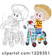 Clipart Of An Outlined And Colored Boy Playing On A Rolling Toy Horse Royalty Free Vector Illustration