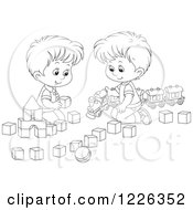 Poster, Art Print Of Outlined Boys Playing With A Train And Toy Blocks