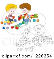 Poster, Art Print Of Outlined And Colored Boys Playing With A Train And Toy Blocks