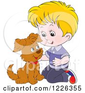 Poster, Art Print Of Caucasian Boy Kneeling And Petting A Puppy
