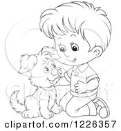 Poster, Art Print Of Outlined Boy Kneeling And Petting A Puppy