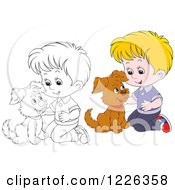 Poster, Art Print Of Outlined And Colored Boy Kneeling And Petting A Puppy
