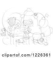Poster, Art Print Of Outlined Puppy Watching Children Make A Snow Castle