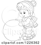 Clipart Of An Outlined Boy Rolling A Ball Of Snow Royalty Free Vector Illustration