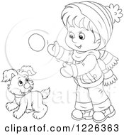 Clipart Of An Outlined Boy And Puppy Playing In The Snow Royalty Free Vector Illustration