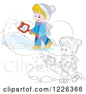 Outlined And Colored Happy Boy Shoveling Snow