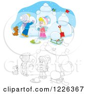 Poster, Art Print Of Outlined And Colored Puppy Watching Children Make A Snow Castle