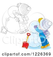 Poster, Art Print Of Outlined And Colored Boy Making A Snowman