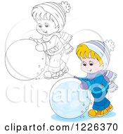 Clipart Of An Outlined And Colored Boy Rolling A Ball Of Snow Royalty Free Vector Illustration