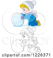 Poster, Art Print Of Outlined And Colored Boy Rolling A Ball Of Snow