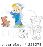 Clipart Of An Outlined And Colored Boy And Puppy Playing In The Snow Royalty Free Vector Illustration