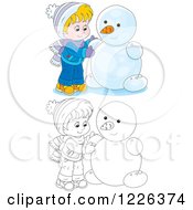 Clipart Of An Outlined And Colored Boy Making A Snowman Royalty Free Vector Illustration