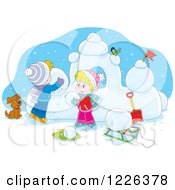 Puppy Watching Caucasian Children Make A Snow Castle