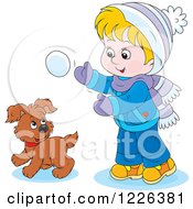 Poster, Art Print Of Caucasian Boy And Puppy Playing In The Snow