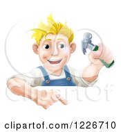 Clipart Of A Happy Blond Carpenter Man Holding A Hammer And Pointing Down At A Sign Royalty Free Vector Illustration