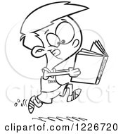 Clipart Of A Cartoon Black And White Boy Running Track And Reading An Algebra Book Royalty Free Vector Illustration by toonaday