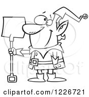 Clipart Of A Cartoon Black And White Christmas Elf With A Snow Shovel Royalty Free Vector Illustration