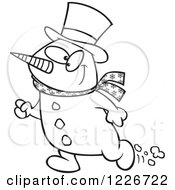 Clipart Of A Cartoon Black And White Happy Christmas Snowman Walking Royalty Free Vector Illustration by toonaday