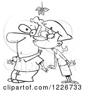 Cartoon Black And White Woman Kissing A Man Under The Mistletoe