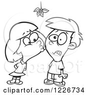Clipart Of A Cartoon Black And White Girl Kissing A Boy Under Mistletoe Royalty Free Vector Illustration by toonaday