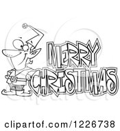 Poster, Art Print Of Cartoon Black And White Merry Christmas Greeting And Happy Elf