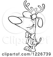 Clipart Of A Cartoon Black And White Christmas Dog Wearing Antlers And A Bow Royalty Free Vector Illustration