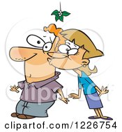 Clipart Of A Cartoon Woman Kissing A Man Under The Mistletoe Royalty Free Vector Illustration by toonaday